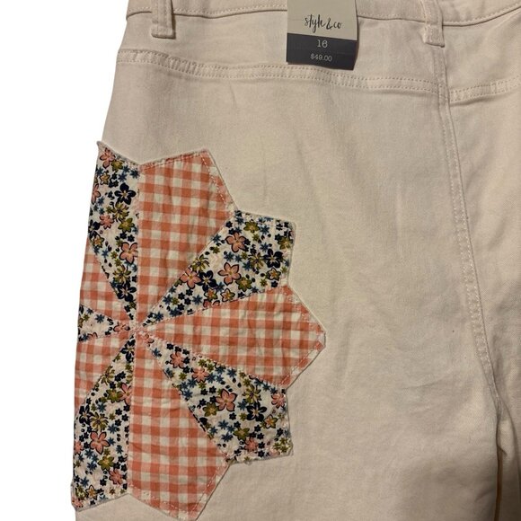 Style & Co Womens 16 Ivory Floral Patches Straight Denim Hi Rise Jeans NEW - Picture 4 of 6